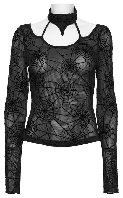 Schwarzes Gothic-Top Web Of The Night Top aus Netzstoff mit Spinnennetzmuster, langen, ausgestellten Ärmeln und Choker-Ausschnitt von Punk Rave