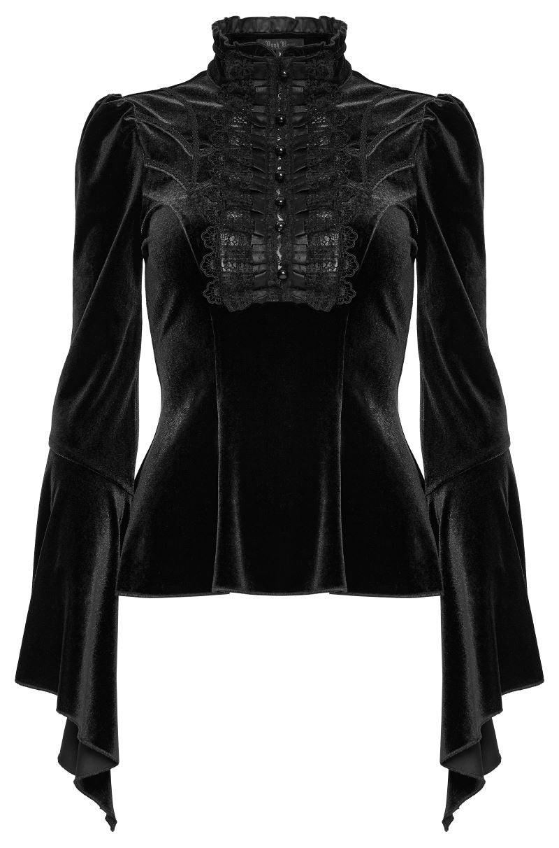 Romantisches Gothic-T-Shirt aus schwarzem Samt Velvet Poetess Top Black mit ausgestellten Ärmeln, hohem Halsausschnitt, Rüschen und verlängertem Saum hinten von Punk Rave