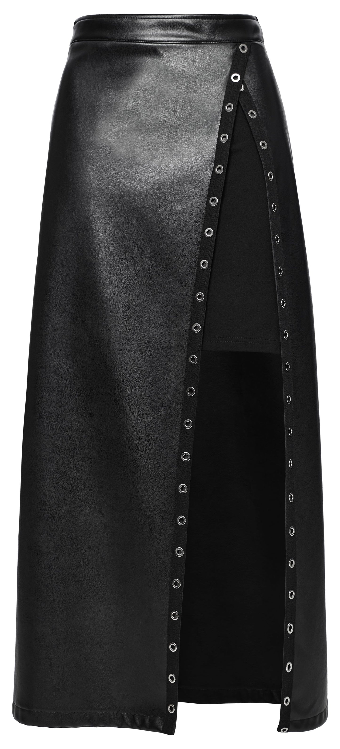 Schwarzer, langer Kunstlederrock UNDERWORLD SKIRT mit Schlitz von Punk Rave