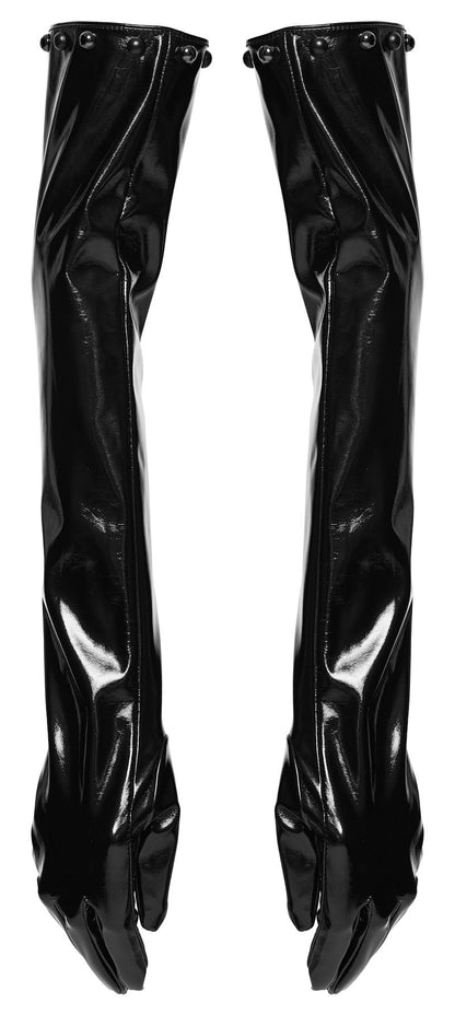 Schwarze, ellenbogenlange Fetisch-Handschuhe Mistress Mayhem Long PVC Gloves mit Nieten von Punk Rave