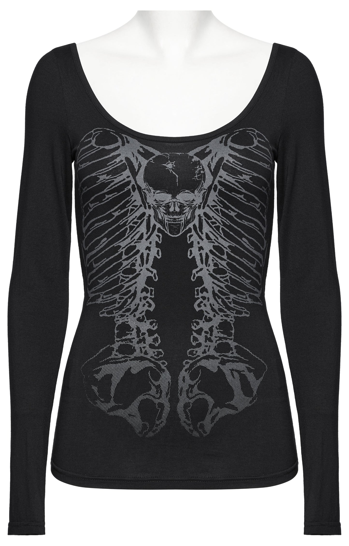 Schwarzes Langarmshirt METAL SPINE LONGSLEEVE TOP mit Totenkopfprint und Kettendetail auf der Rückseite von Punk Rave