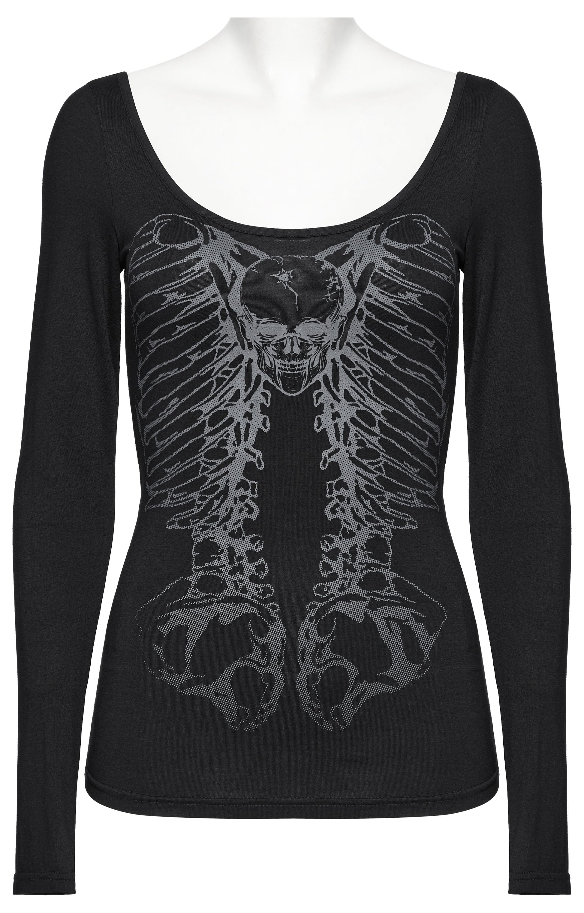 Schwarzes Langarmshirt METAL SPINE LONGSLEEVE TOP mit Totenkopfprint und Kettendetail auf der Rückseite von Punk Rave