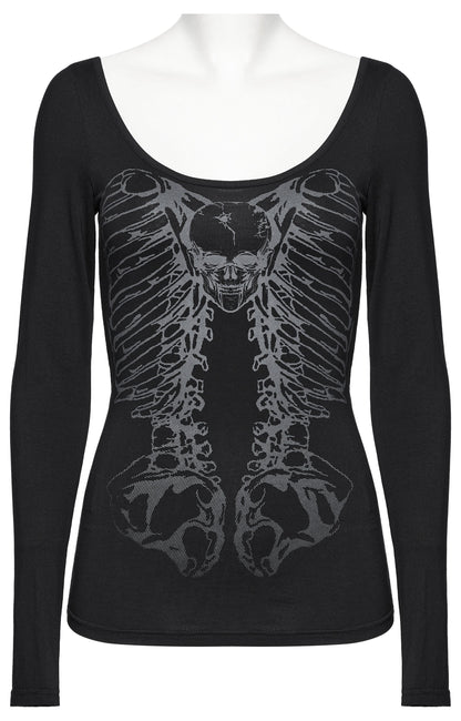 Schwarzes Langarmshirt METAL SPINE LONGSLEEVE TOP mit Totenkopfprint und Kettendetail auf der Rückseite von Punk Rave