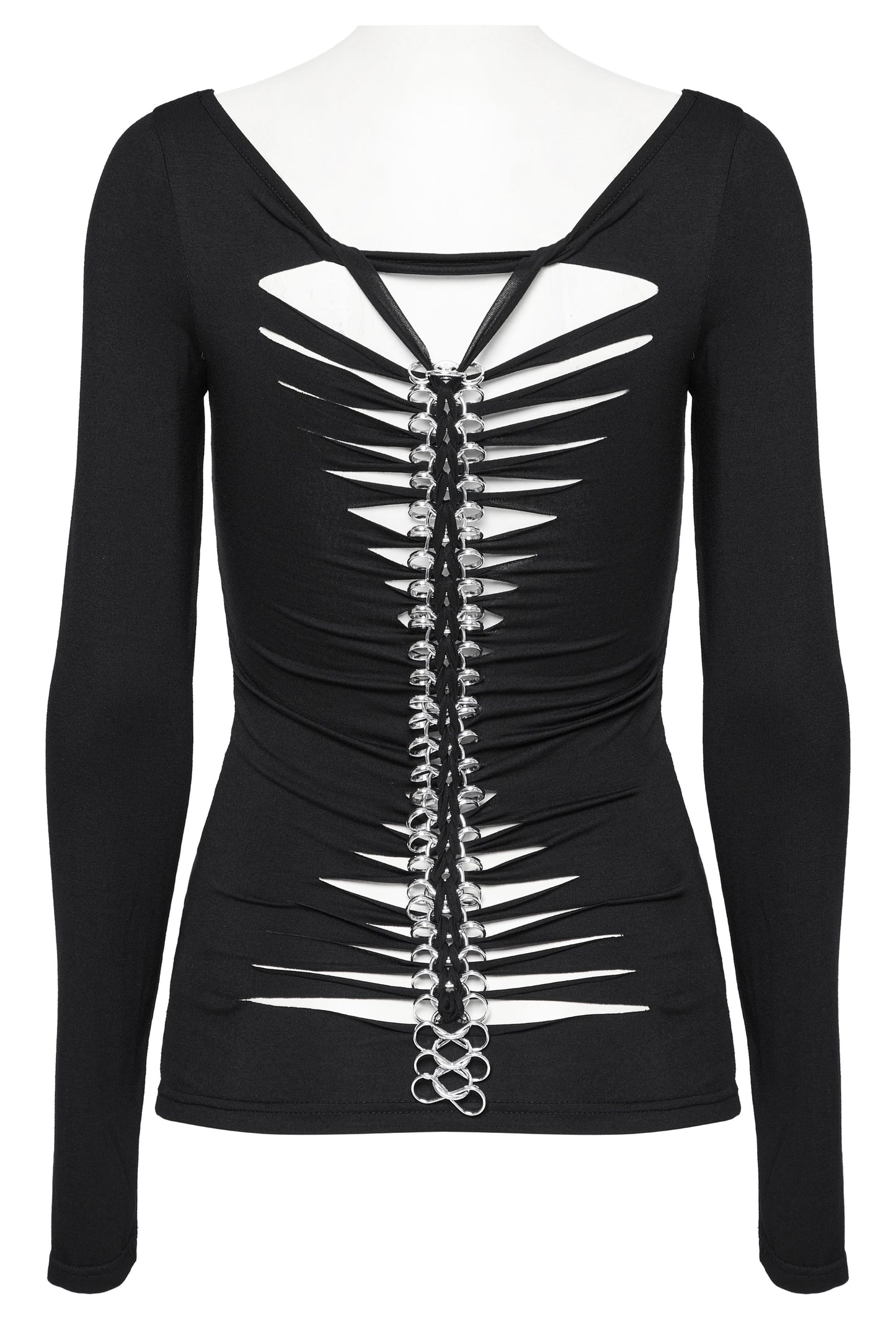 Schwarzes Langarmshirt METAL SPINE LONGSLEEVE TOP mit Totenkopfprint und Kettendetail auf der Rückseite von Punk Rave