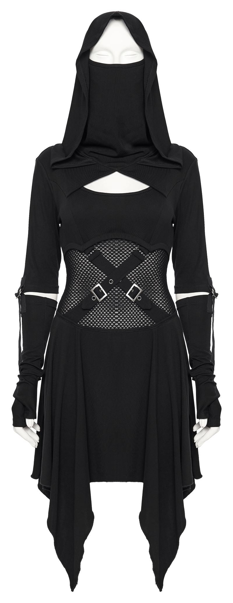 Schwarzes Langarmkleid Dark Warden Dress mit Kapuze von Punk Rave