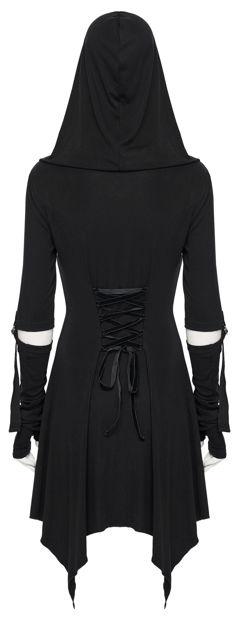 Schwarzes Langarmkleid Dark Warden Dress mit Kapuze von Punk Rave