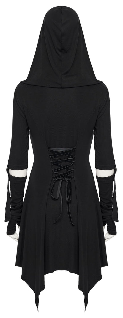 Schwarzes Langarmkleid Dark Warden Dress mit Kapuze von Punk Rave