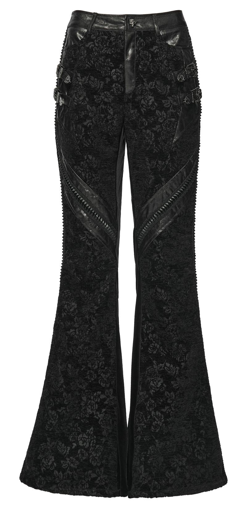Romantische Gothic-Hose Rose Requiem Trousers aus schwarzem Samtjacquard mit Rosenmuster und Kunstlederdetails von Punk Rave