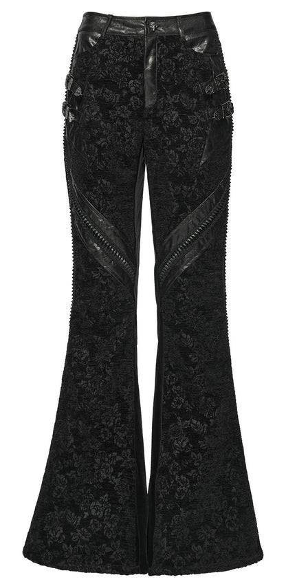 Romantische Gothic-Hose Rose Requiem Trousers aus schwarzem Samtjacquard mit Rosenmuster und Kunstlederdetails von Punk Rave