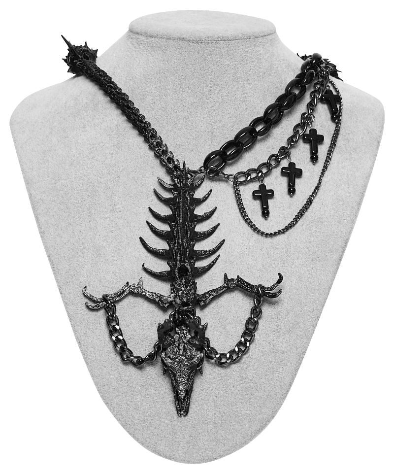 Gothic-Fantasy-Halsschmuck The Witcher Choker mit schwarzem Drachenskelett-Anhänger, Ketten und Kreuz-Anhängern von Punk Rave