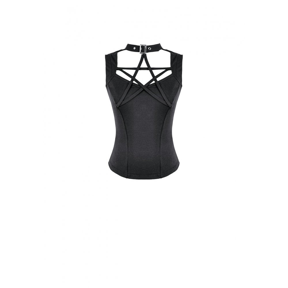 Schwarzes, enges Oberteil Occult Star Top mit Pentagrammschnürung und Chokerdetail von Dark In Love