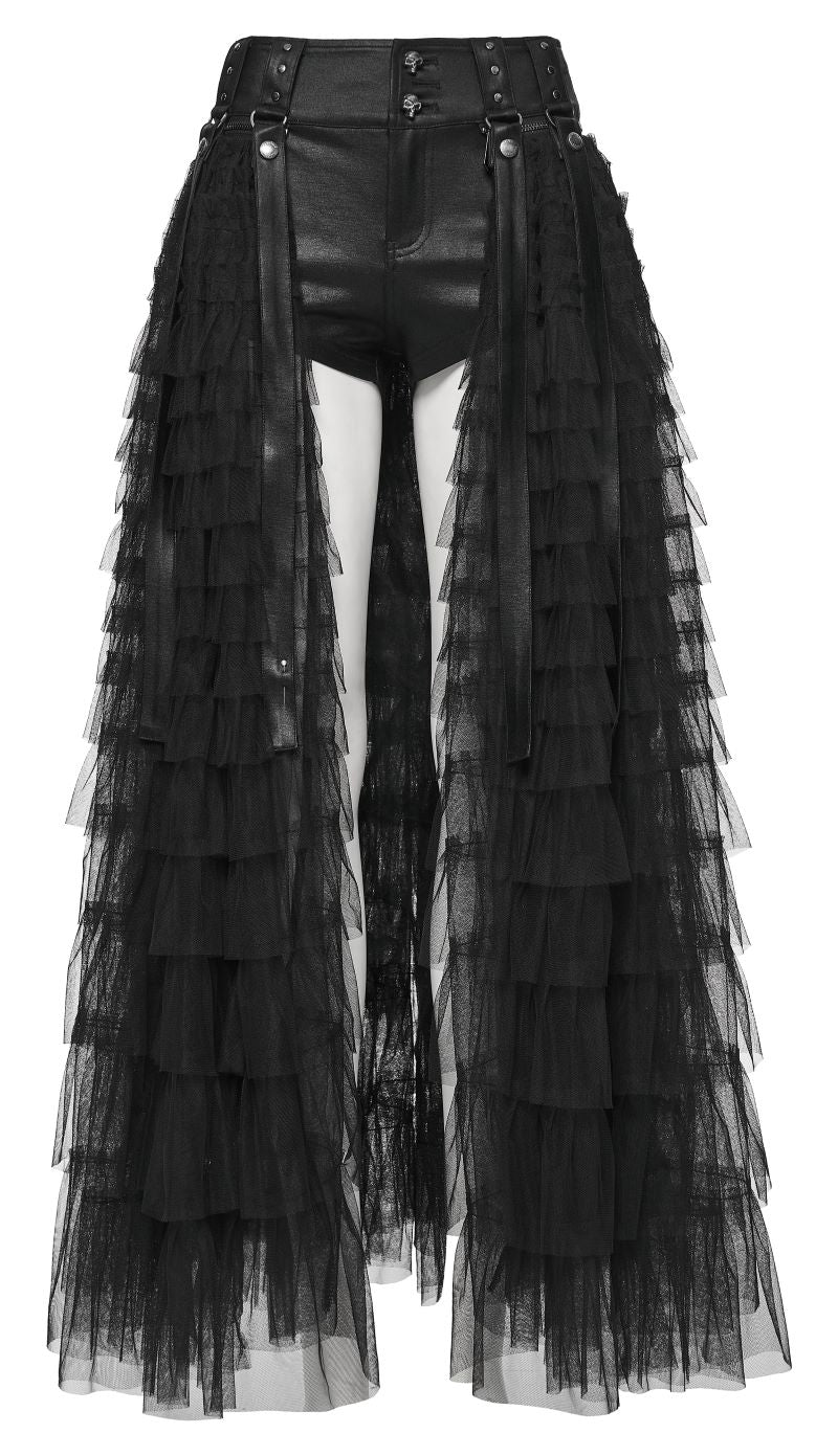 Schwarze kurze Shorts Evernight Faux Leather Shorts mit abnehmbaren Überrock von Punk Rave