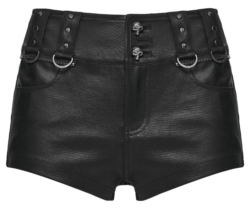 Schwarze kurze Shorts Evernight Faux Leather Shorts mit abnehmbaren Überrock von Punk Rave