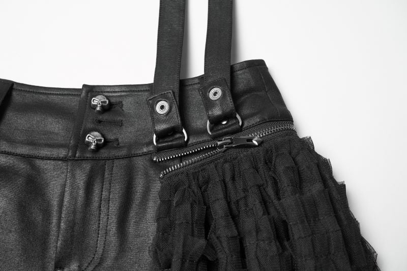 Schwarze kurze Shorts Evernight Faux Leather Shorts mit abnehmbaren Überrock von Punk Rave