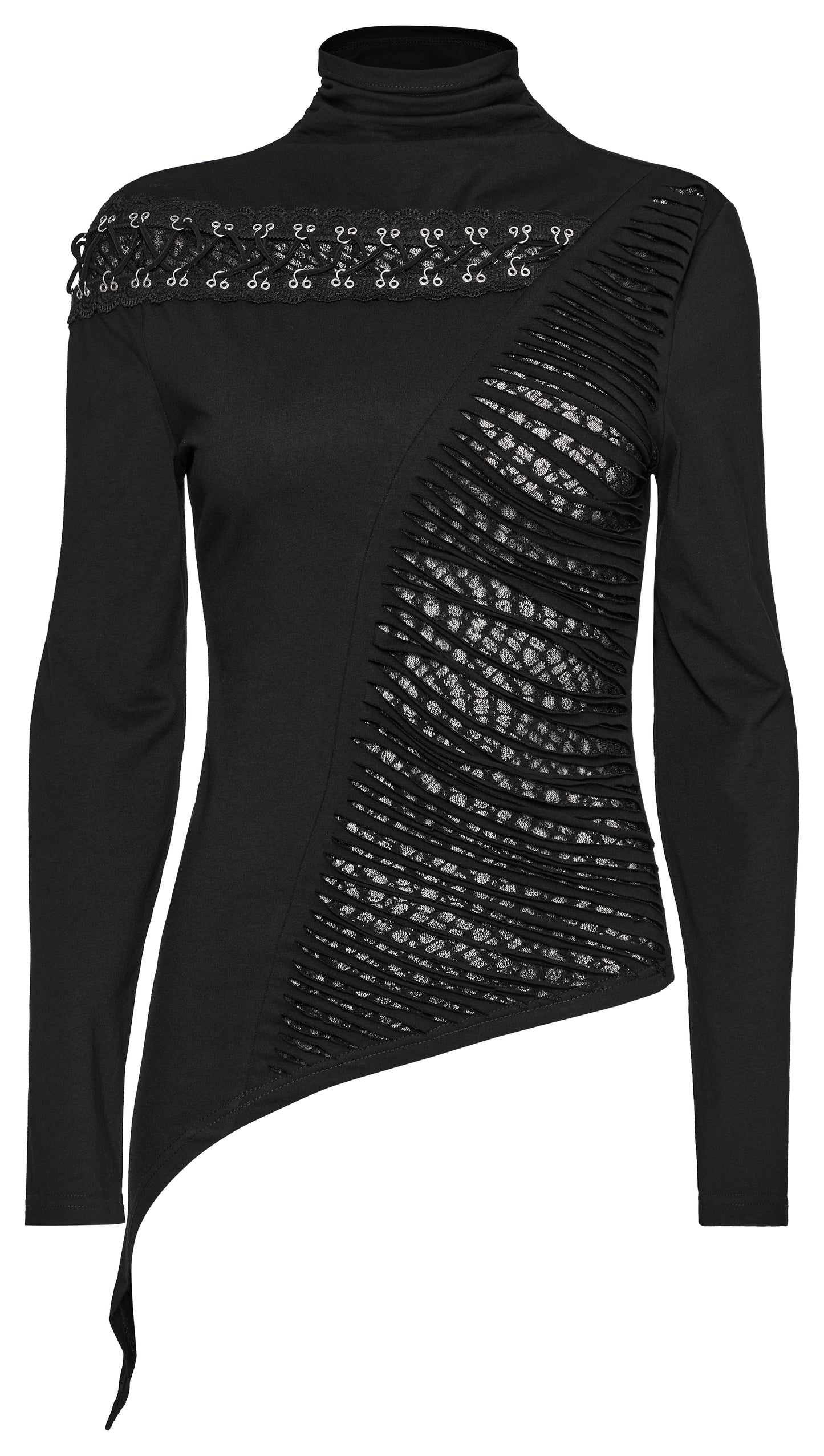 Schwarzes Gothic-Langarmshirt MURDERDOLL TOP mit Stehkragen und asymmetrischem Design von Punk Rave