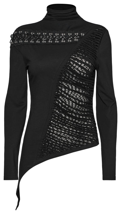Schwarzes Gothic-Langarmshirt MURDERDOLL TOP mit Stehkragen und asymmetrischem Design von Punk Rave