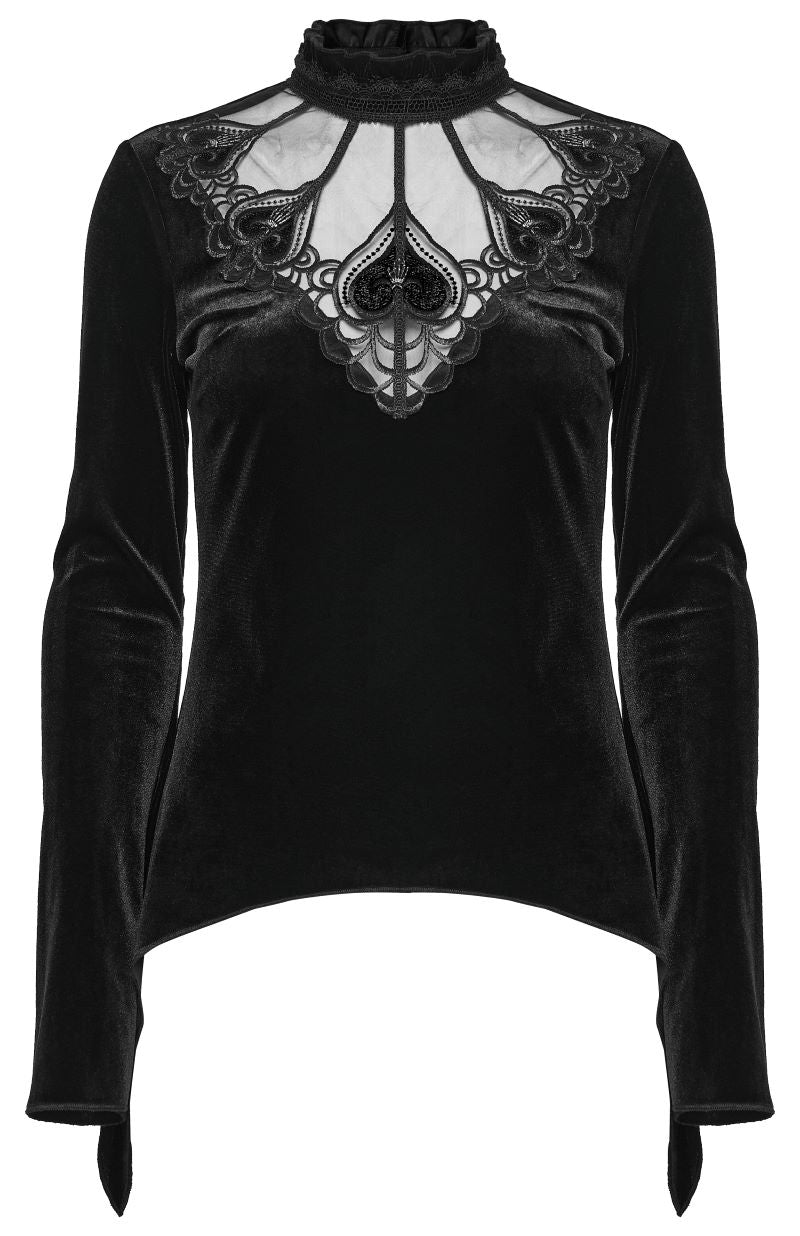 Schwarzes Langarmshirt Queen Of Heart Top mit Samtstoff von Punk Rave
