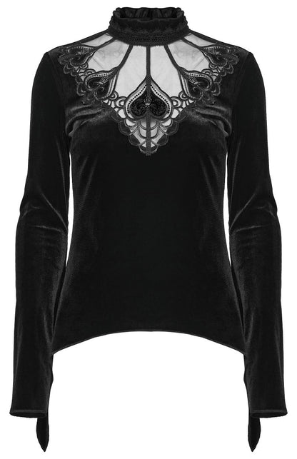 Schwarzes Langarmshirt Queen Of Heart Top mit Samtstoff von Punk Rave