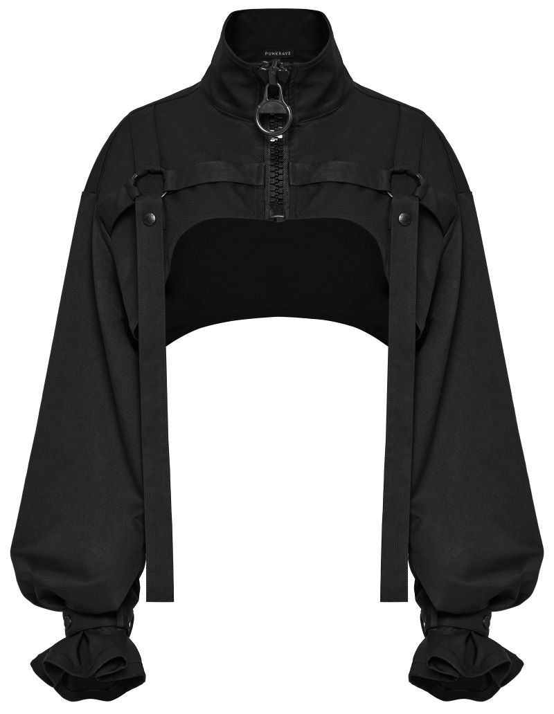 Schwarze Bolerojacke Tactical Dolly Shrug&nbsp; mit großem Reißverschluss and er Vorderseite von Punk Rave