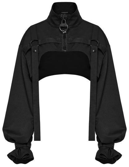 Schwarze Bolerojacke Tactical Dolly Shrug&nbsp; mit großem Reißverschluss and er Vorderseite von Punk Rave
