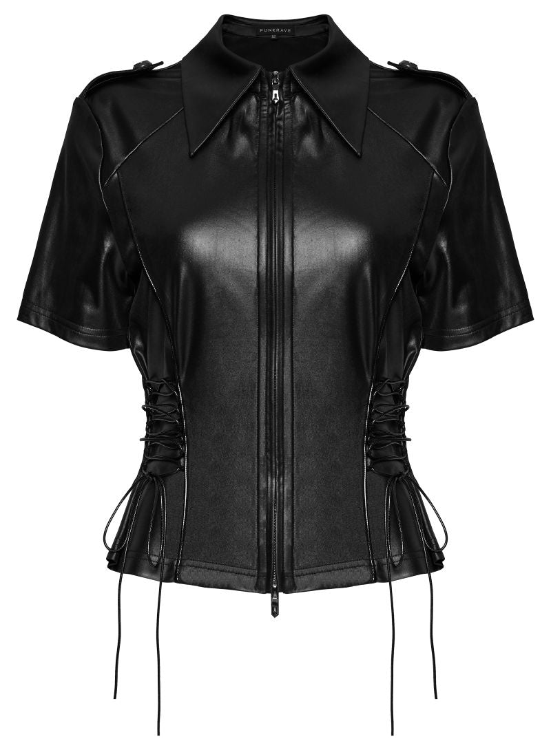 Schwarzes, kurzärmliges Oberteil UNDERWORLD LEATHER LOOK SHIRT in Lederoptik mit Schnürdetails an der Taille von Punk Rave