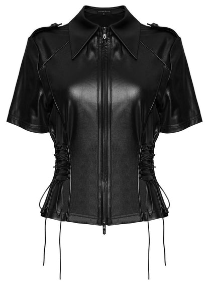 Schwarzes, kurzärmliges Oberteil UNDERWORLD LEATHER LOOK SHIRT in Lederoptik mit Schnürdetails an der Taille von Punk Rave