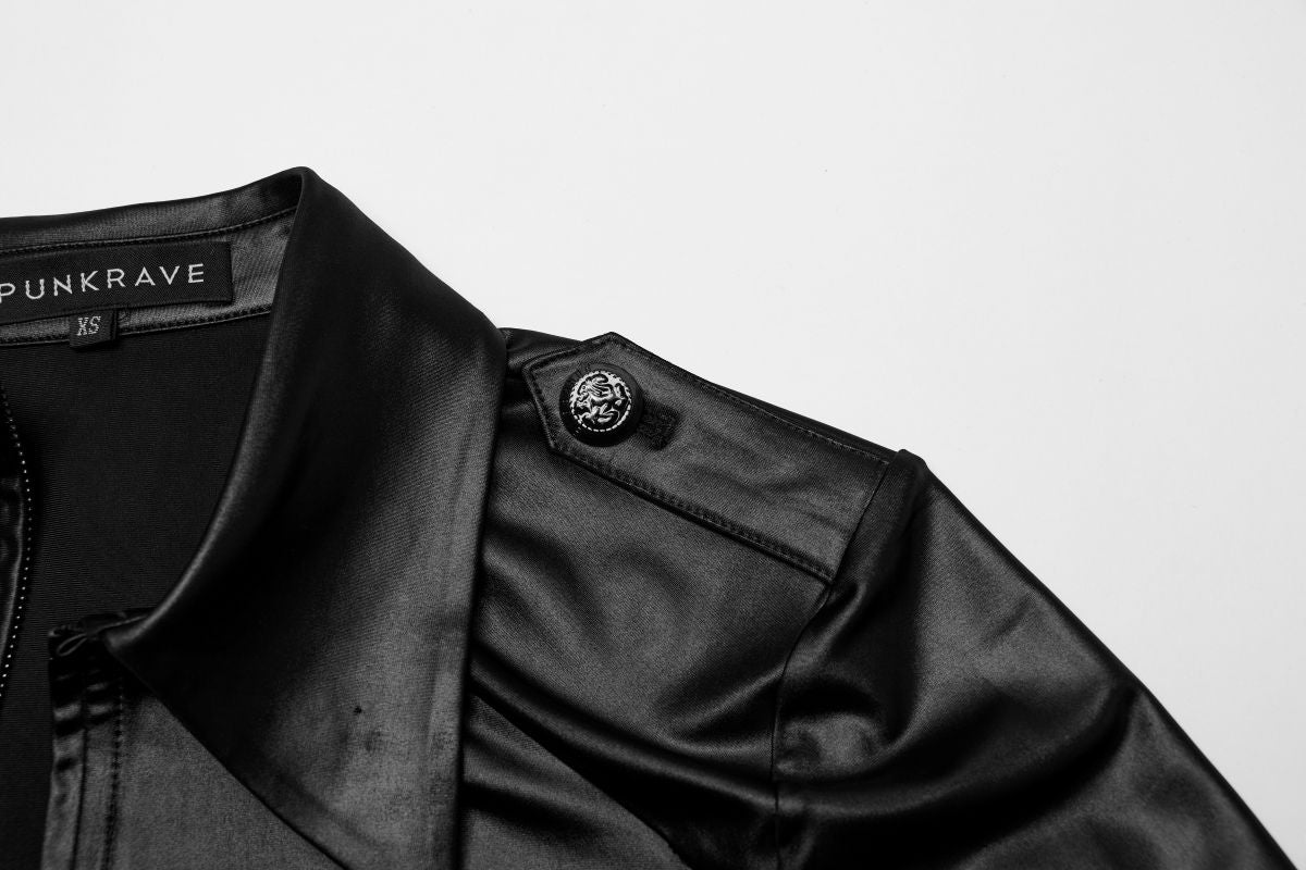 Nahaufnahme schwarzes, kurzärmliges Oberteil UNDERWORLD LEATHER LOOK SHIRT in Lederoptik mit Schnürdetails an der Taille von Punk Rave