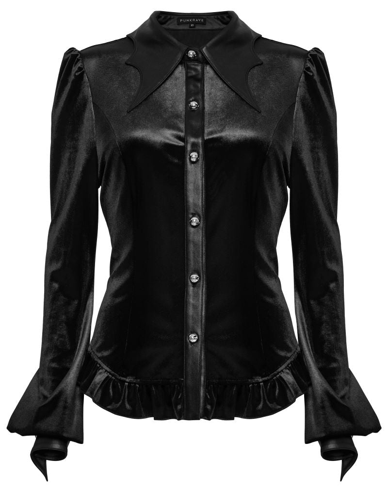 Schwarze Bluse Nemesea Black Velvet Shirt mit Fledermausflügel Kragen von Punk Rave