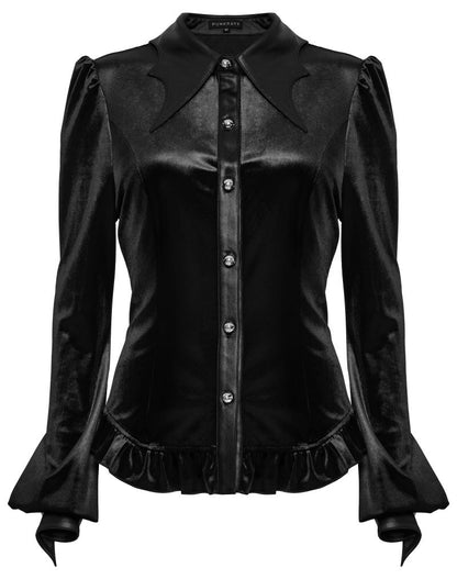 Schwarze Bluse Nemesea Black Velvet Shirt mit Fledermausflügel Kragen von Punk Rave