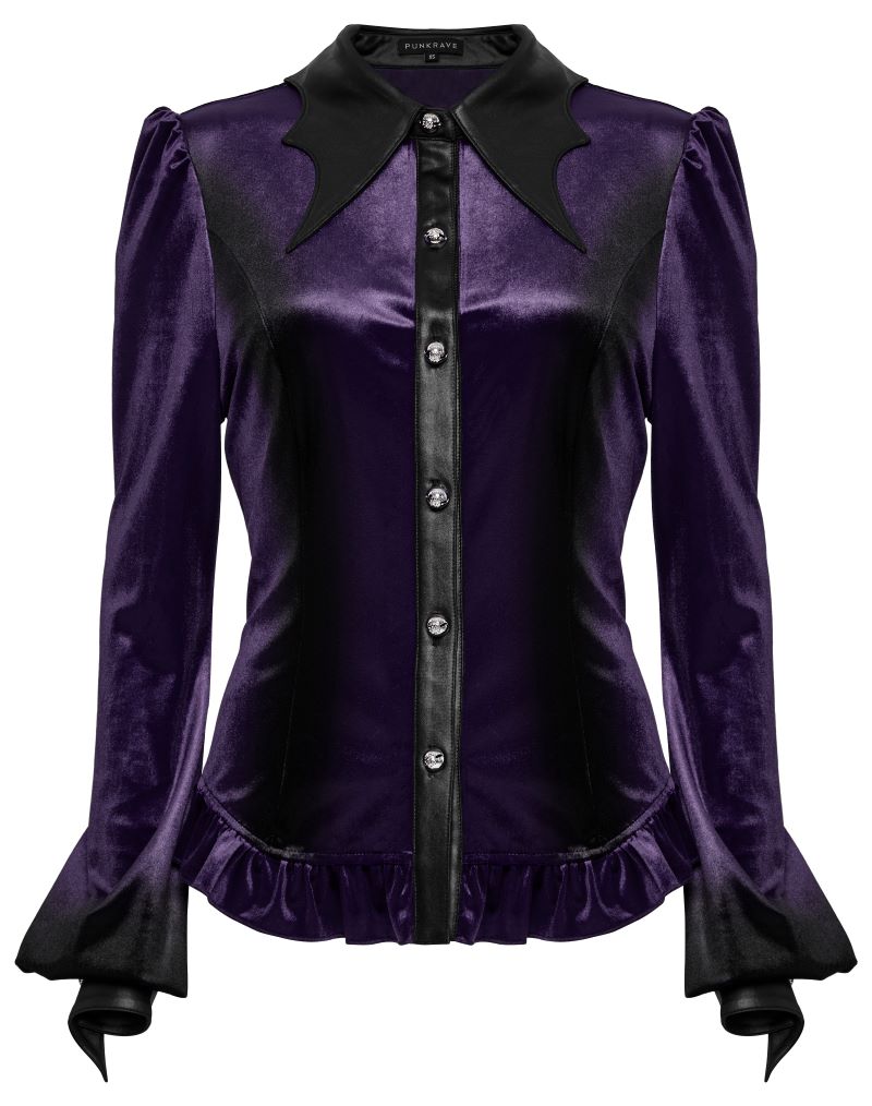 Lilane Bluse Nemesea Gradient Purple Velvet Shirt mit Fledermausflügel Kragen von Punk Rave
