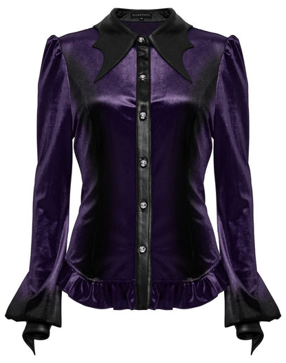 Lilane Bluse Nemesea Gradient Purple Velvet Shirt mit Fledermausflügel Kragen von Punk Rave
