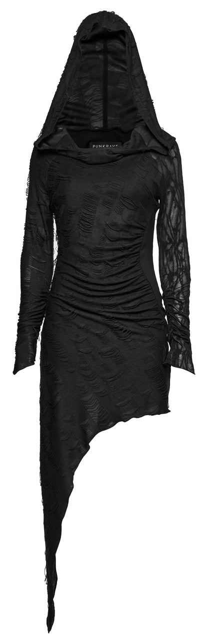 Schwarzes, langärmliges Minikleid DECADENT DREAMER DRESS im Used-Look mit Kapuze und asymmetrischem Saum von Punk Rave