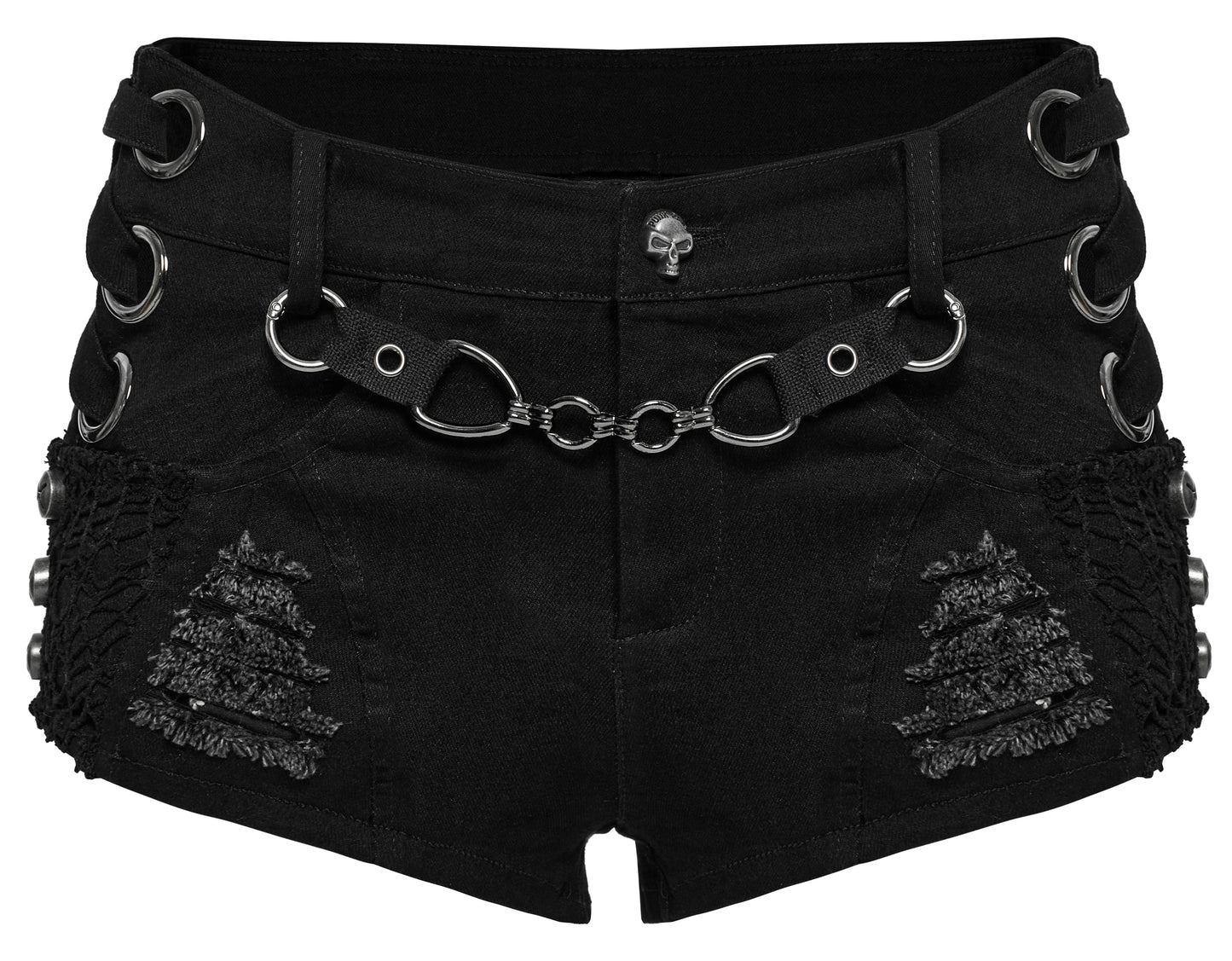 Schwarze Jeansshorts VULTURE DRIP SHORTS im Used-Look mit Schnürung, Nieten und Kettenriemen von Punk Rave