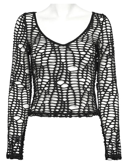 Schwarzes Netzshirt VENUS FLYTRAP MESH TOP im Distressed-Look von Punk Rave