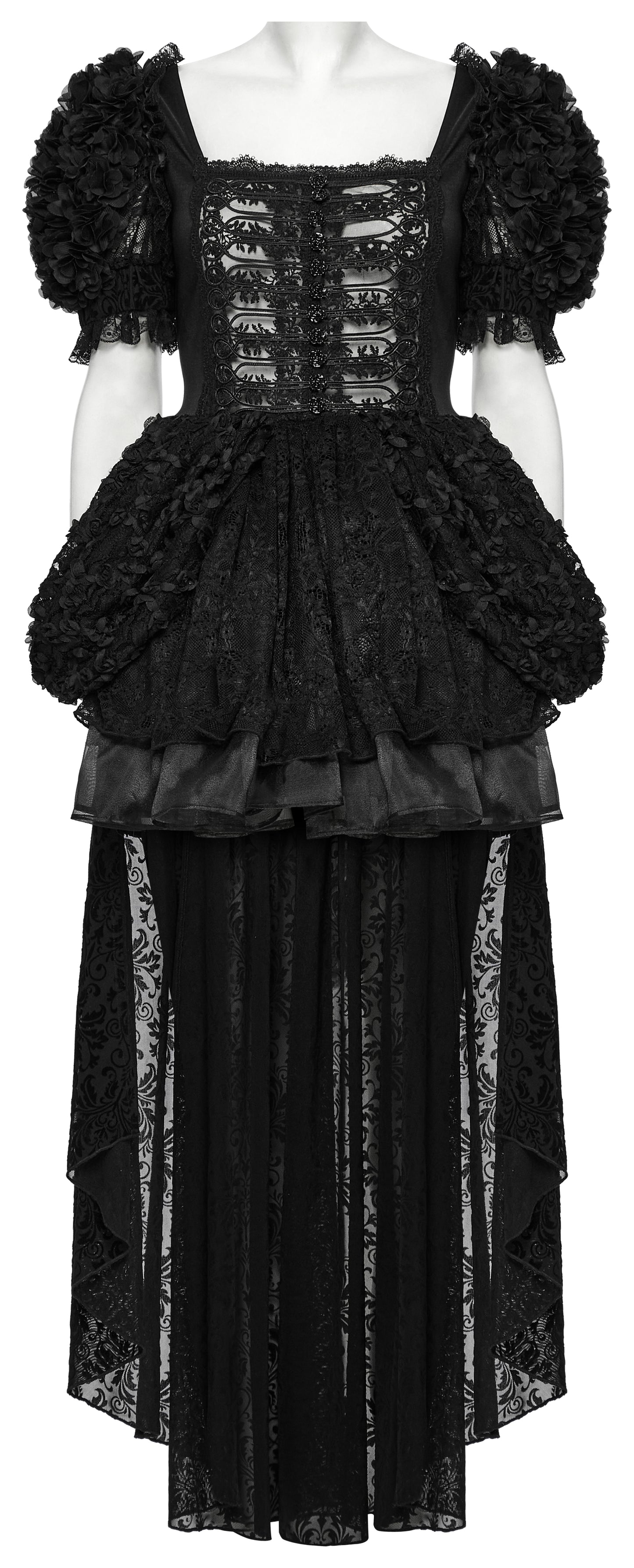 Romantisches, schwarzes Gothic-Kleid MARQUISE BELLADONNA DRESS mit kurzen Puff-Ärmeln und hohem Saum von Punk Rave