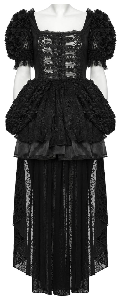 Romantisches, schwarzes Gothic-Kleid MARQUISE BELLADONNA DRESS mit kurzen Puff-Ärmeln und hohem Saum von Punk Rave