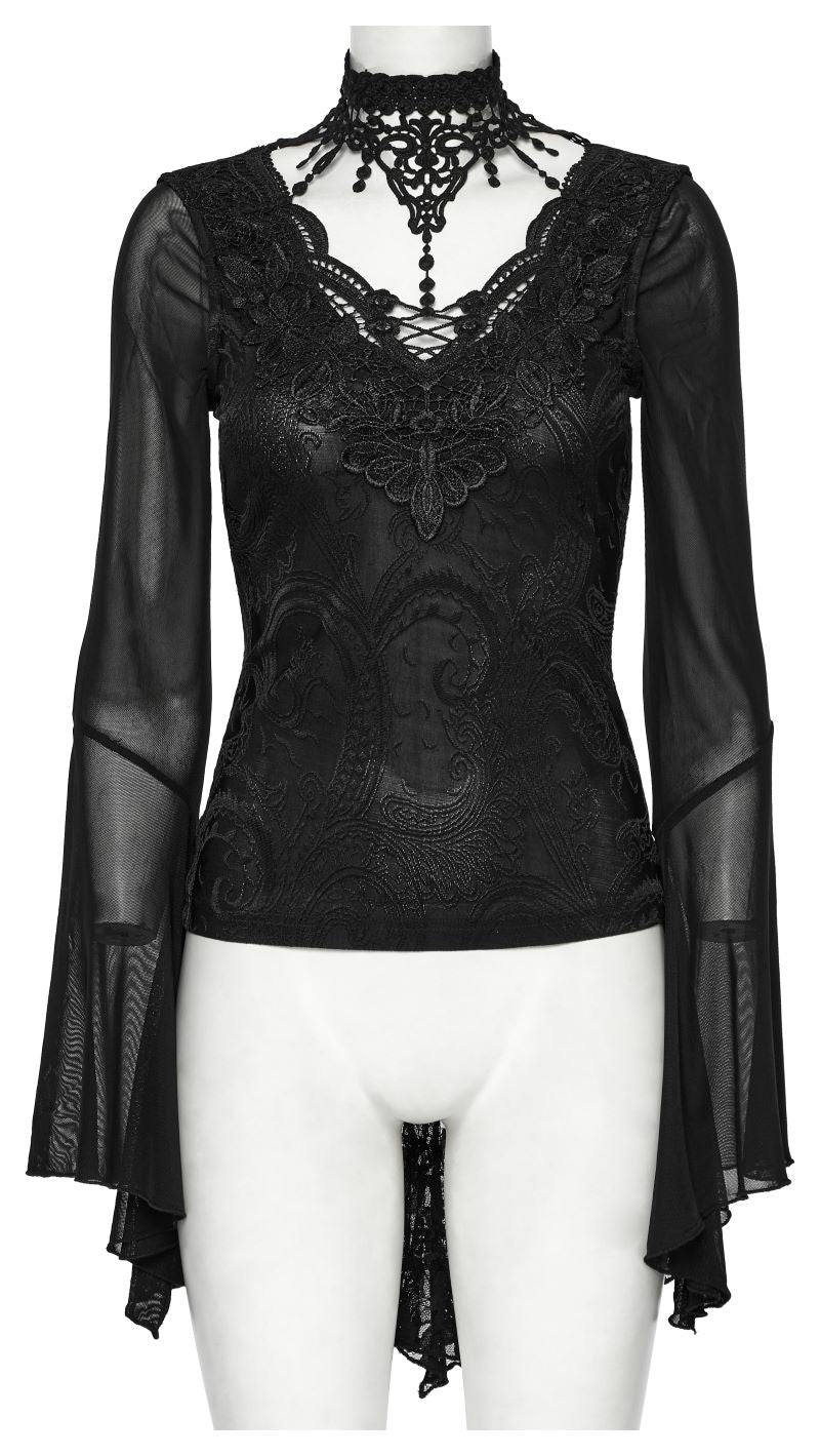 Schwarzes Shirt Danae Dark Laced Gothic Top mit floralem Spitzenmuster von Punk Rave