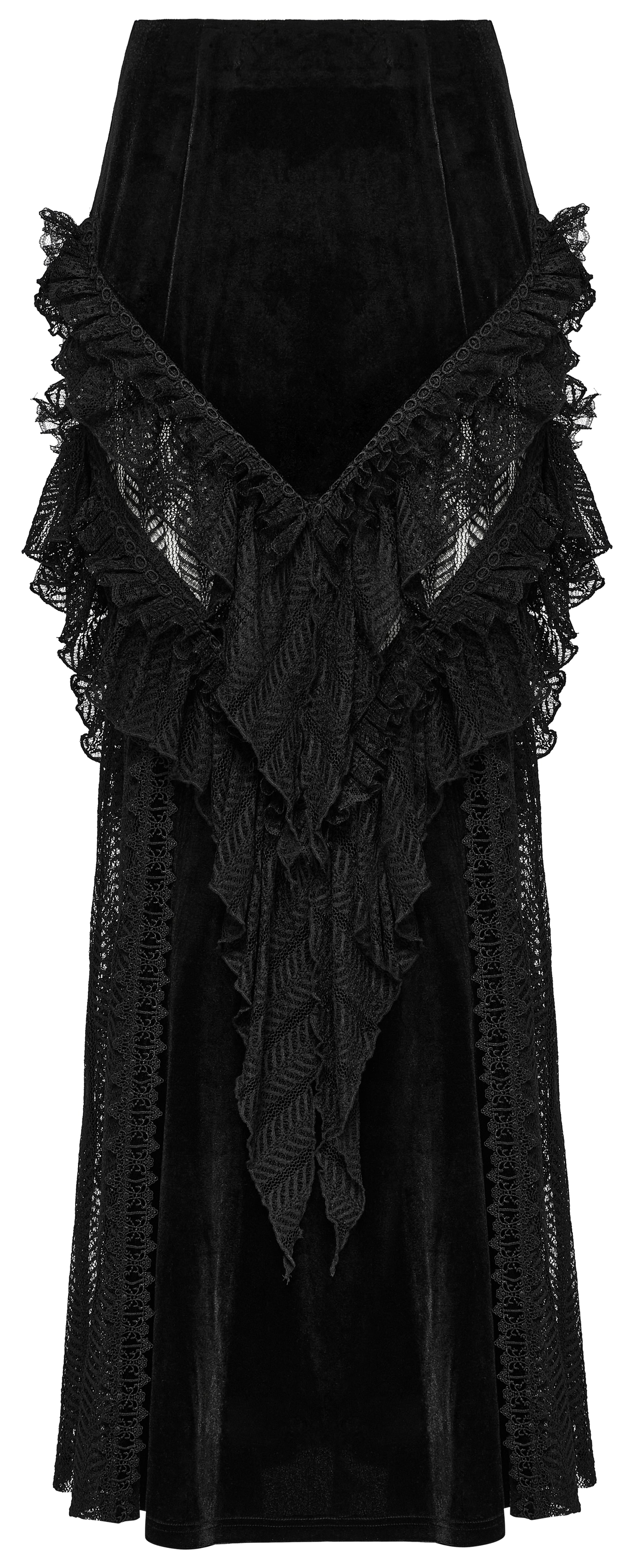 Schwarzer, langer Samtrock DAHLIA DARK MAXI SKIRT im Meerjungfrauen-Stil mit Rüschendetails und transparenten Einsätzen von Punk Rave