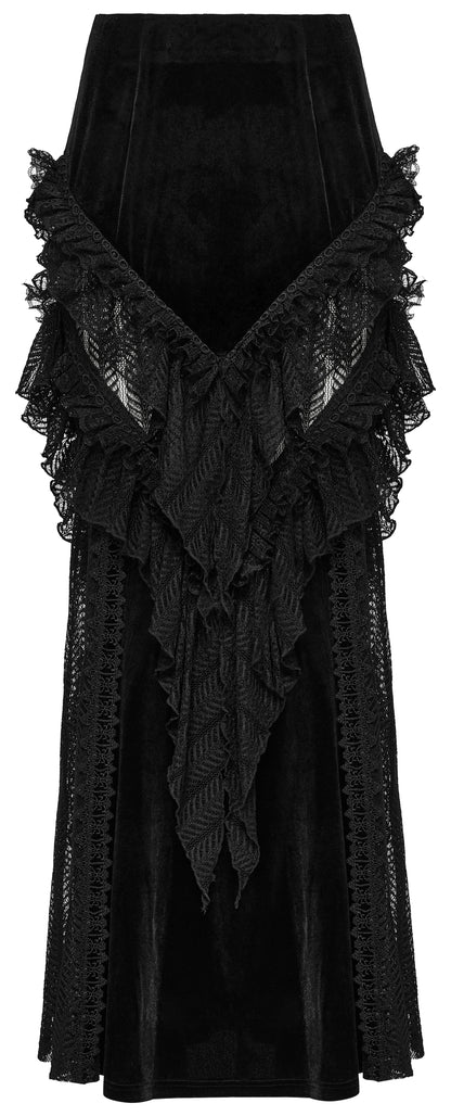 Schwarzer, langer Samtrock DAHLIA DARK MAXI SKIRT im Meerjungfrauen-Stil mit Rüschendetails und transparenten Einsätzen von Punk Rave