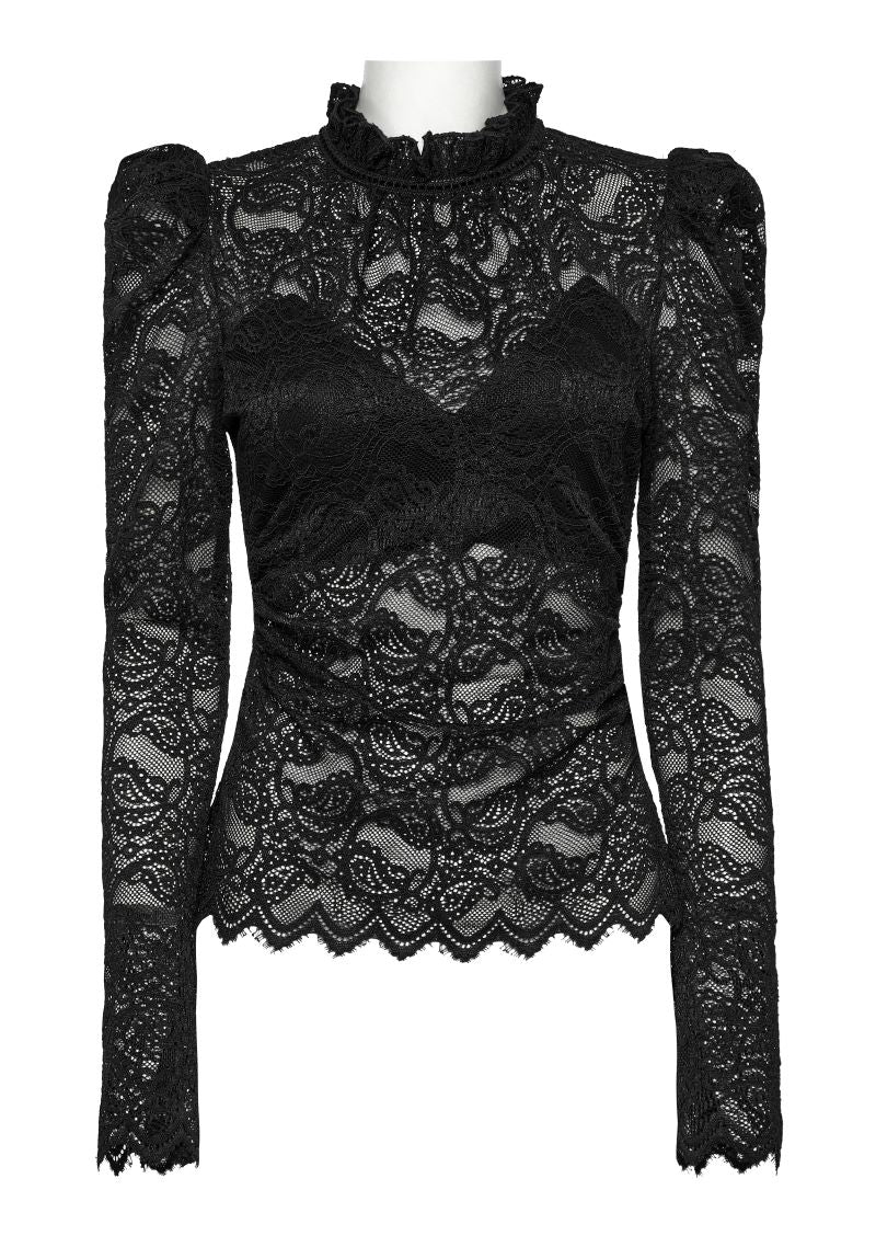 Schwarzes Spitzenshirt Nightdreamer Black Lace Top mit Paisley Muster von Punk Rave