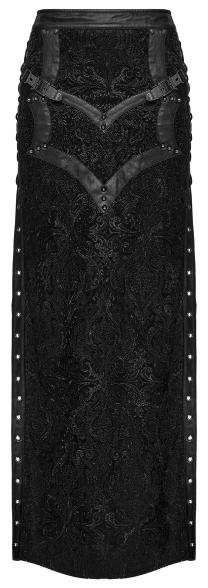 Schwarzer, langer Schlitzrock LACED NIGHT MAXI SKIRT aus gotischer Spitze mit Stickereien, sowie Kunstlederdetails von Punk Rave