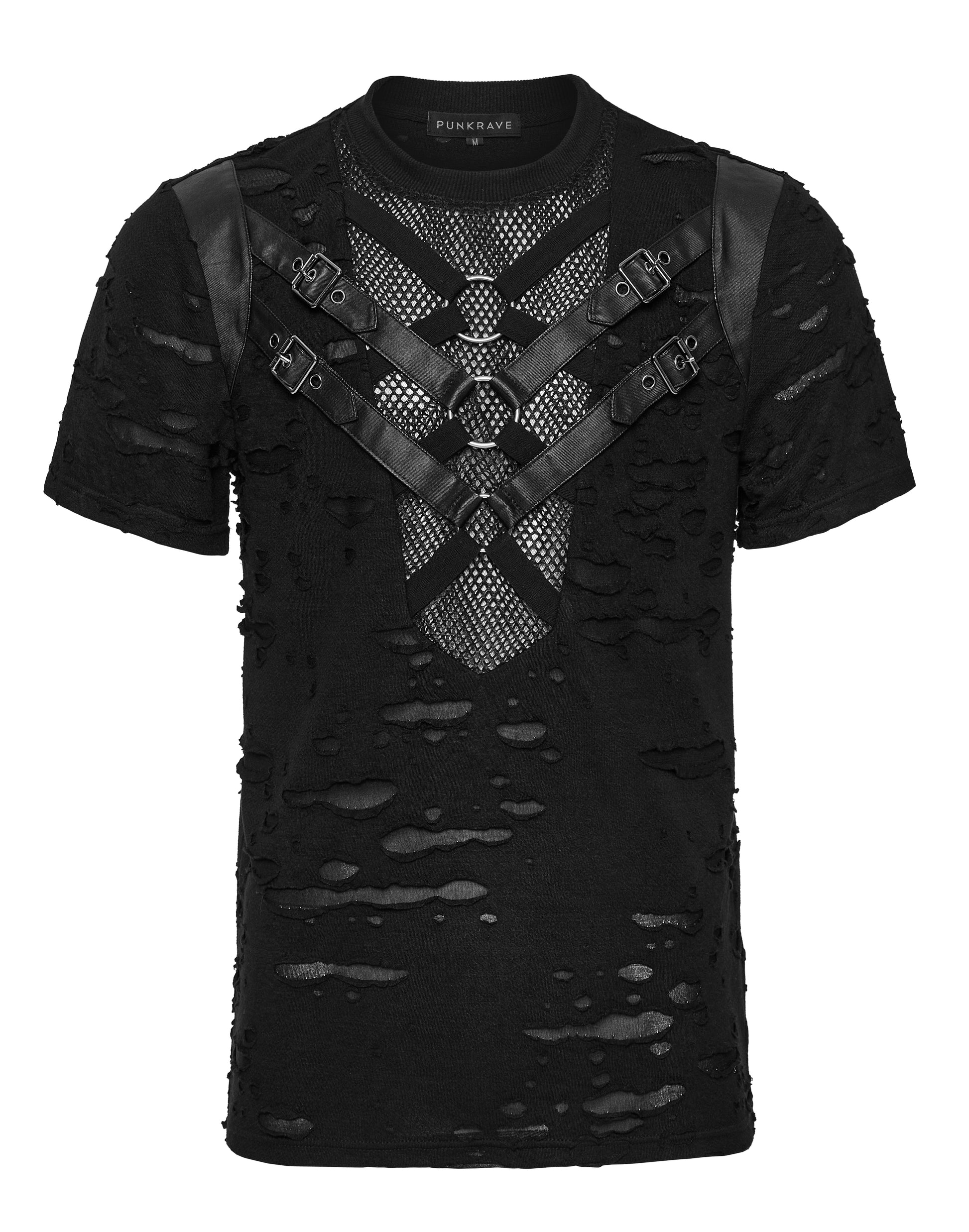 Figurbetontes T-Shirt DARK KNIGHT SHIRT im Used-Look mit Kunstlederriemen und Mesh-Einsätzen von Punk Rave