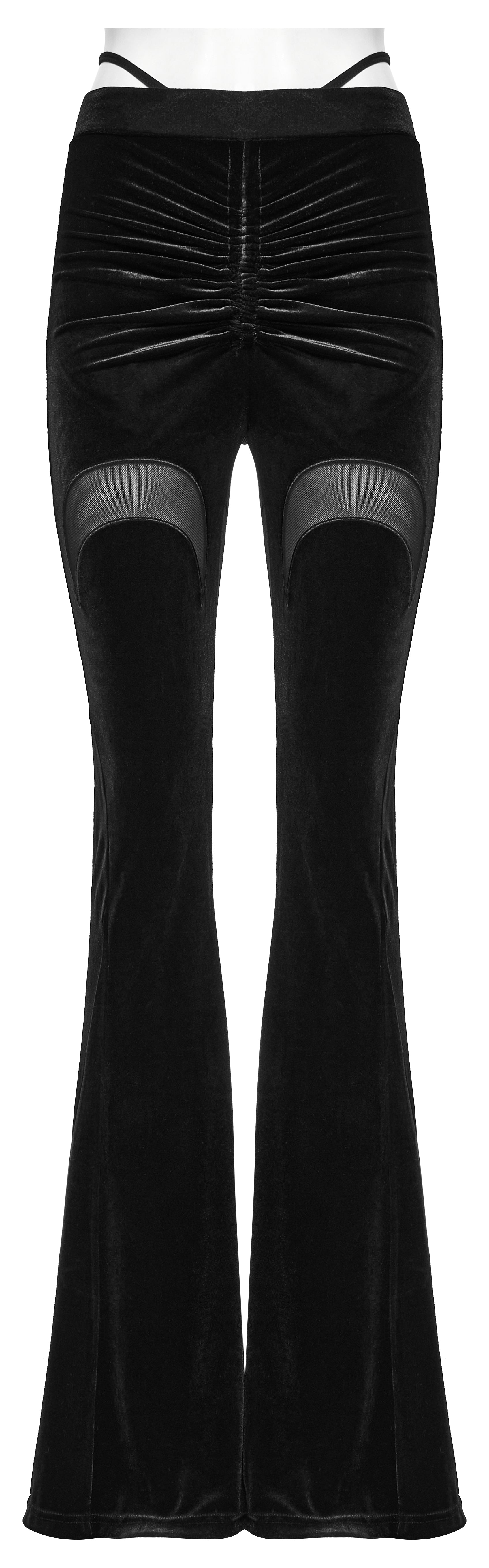 Schwarzer Samt-Schlaghose LUNAR SPELLS TROUSERS mit halbmondförmigen Mesh-Einsätzen von Punk Rave