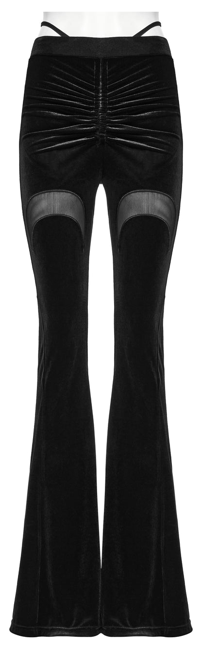 Schwarzer Samt-Schlaghose LUNAR SPELLS TROUSERS mit halbmondförmigen Mesh-Einsätzen von Punk Rave