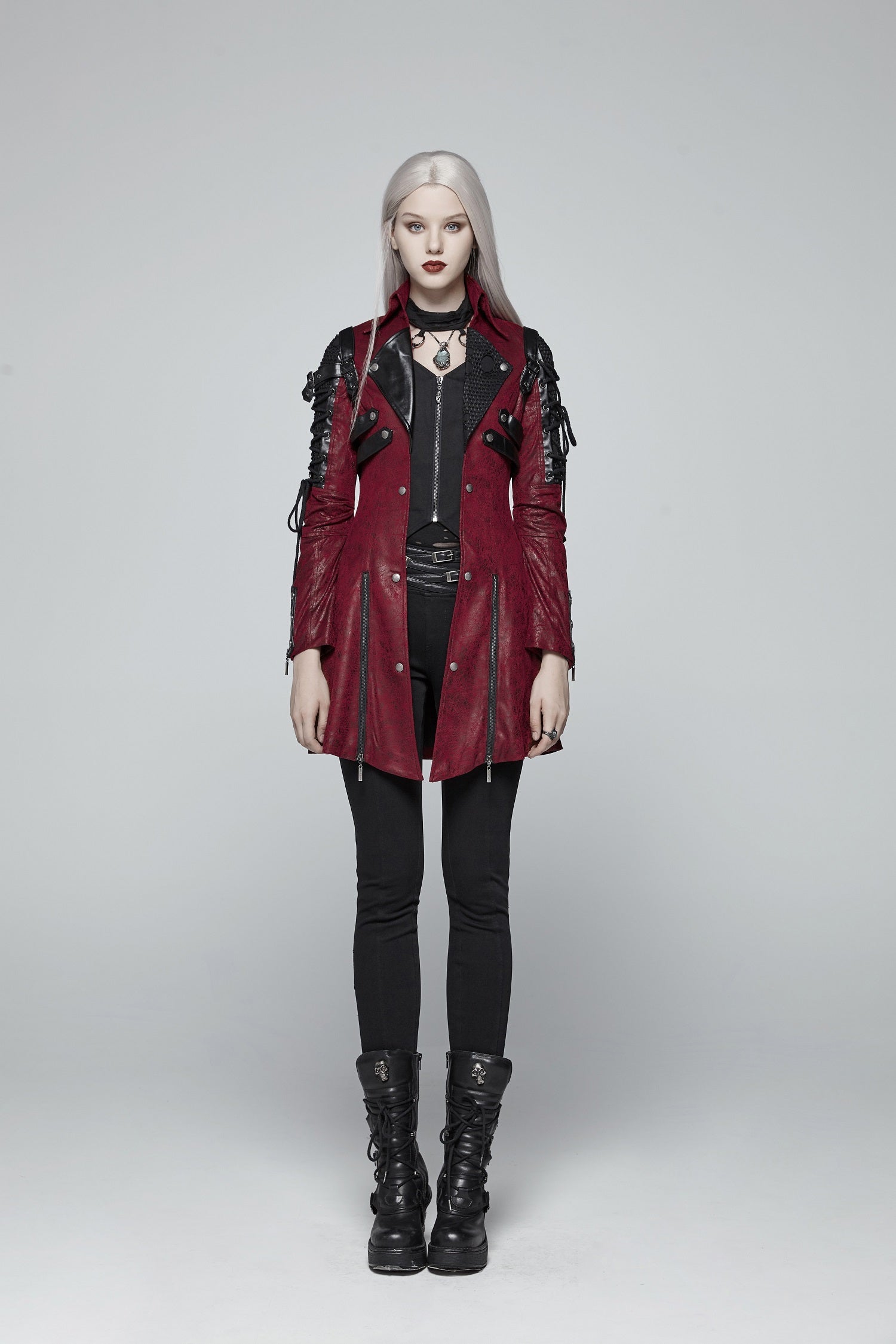 Schwarz-roter kurzer Mantel POISONBLACK JACKET RED aus Kunstleder von Punk Rave