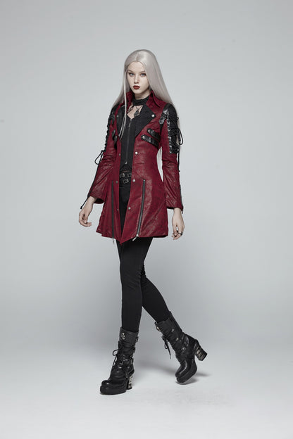 Schwarz-roter kurzer Mantel POISONBLACK JACKET RED aus Kunstleder von Punk Rave