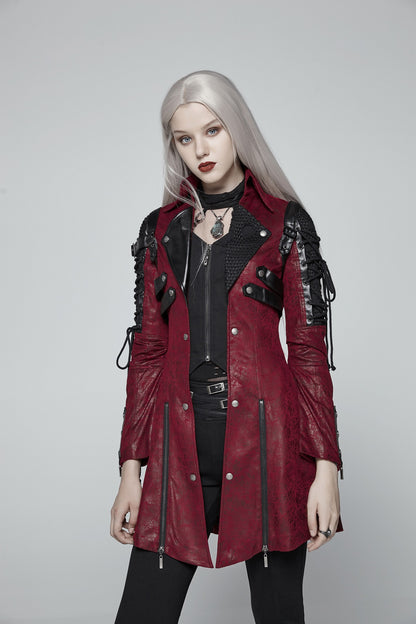 Schwarz-roter kurzer Mantel POISONBLACK JACKET RED aus Kunstleder von Punk Rave