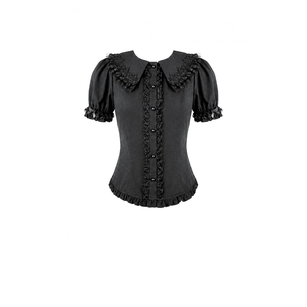 Schwarze, kurzärmlige Bluse Night Crown Doll Blouse mit Spitzenelementen und Puffärmeln von Dark In Love