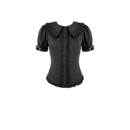 Schwarze, kurzärmlige Bluse Night Crown Doll Blouse mit Spitzenelementen und Puffärmeln von Dark In Love