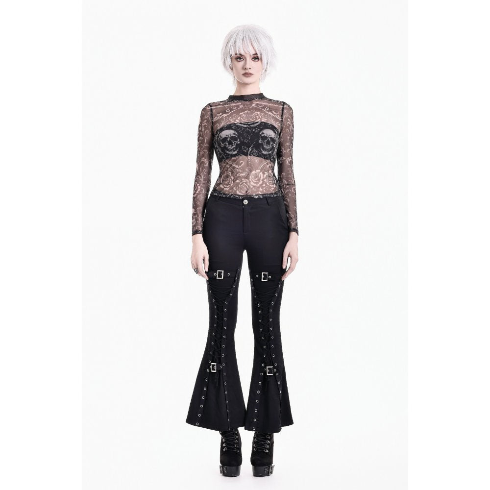 Schwarzes Meshoberteil Skull And Floral Vine Top von Dark In Love